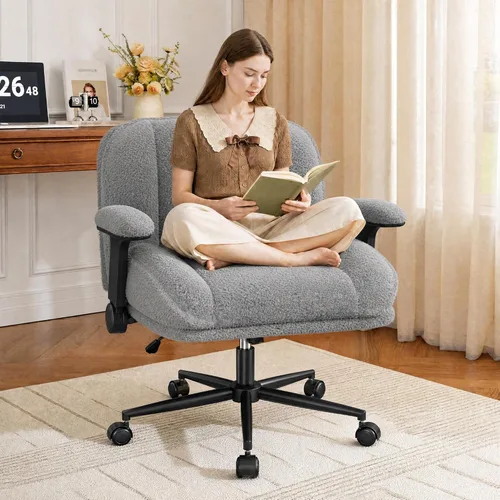 Miniatura 8 de DurayLoly Silla de Oficina con Piernas Cruzadas con Brazos Abatibles, Silla de Piernas Cruzadas Ancha con Ruedas y Asiento Extra Profundo Engrosado