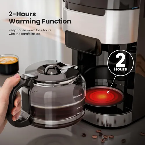 Miniatura 3 de Electactic Cafetera de goteo de 10 tazas con molinillo integrado, moler y preparar programable, máquinas de café con pantalla táctil LED