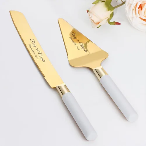 Miniatura 6 de Juego de corte de pasteles personalizado para bodas, cuchillos de pastel y servidor, grabado gratis, cortador de pastel de postre de madera Plateado