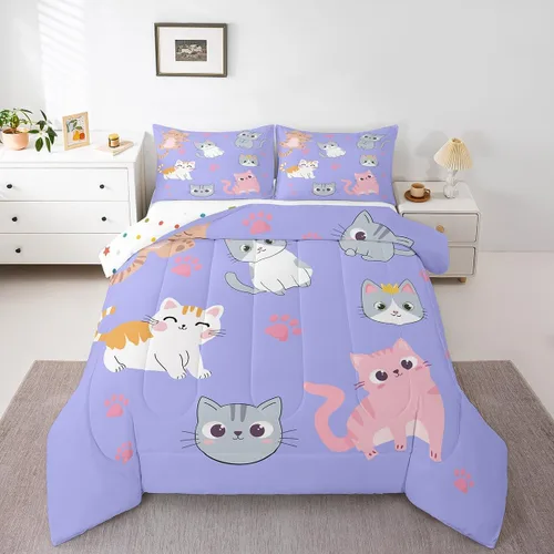 Miniatura 47 de Erosebridal Juego de ropa de cama para niños, tamaño individual, diseño de gatos de dibujos animados, para niñas, niños y adolescentes, edredón