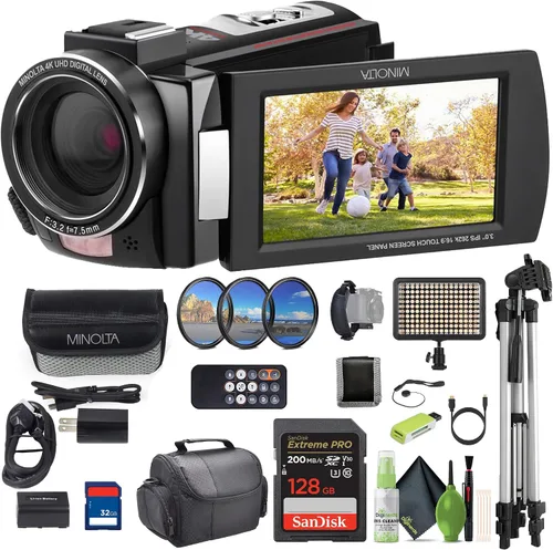 Minolta MN4K25NV 4K Ultra HD 30 Mega Pixels Night Digital Vision Videocámara (negro) Paquete con tarjeta de memoria de 128 GB + trípode de cámara +