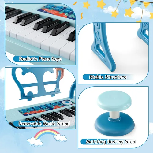 Miniatura 8 de HONEY JOY Piano para niños, piano de teclado azul de 37 teclas para niños con soporte de música y banco, piano de cola de bebé de juguete