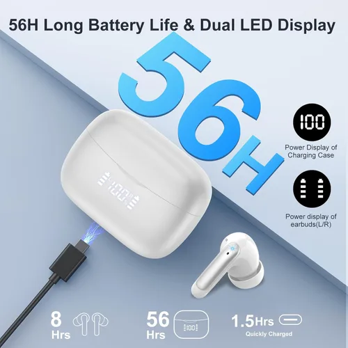 Miniatura 6 de Auriculares inalámbricos, sonido de alta fidelidad Bluetooth 5.3 con 4 micrófonos de ruido ENC, auriculares de reproducción de 56 horas con pantalla