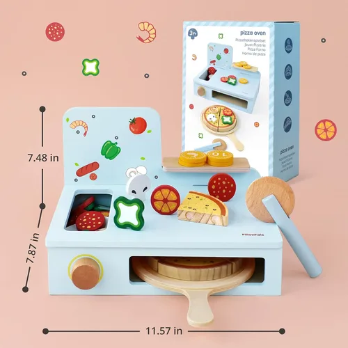 Miniatura 6 de Pillowhale Set de Pizza de Madera – 24 Piezas Juguete de Pizza de Juego Simbólico para Cortar y Servir, Corte con Velcro, Juego de Rol de Cocina