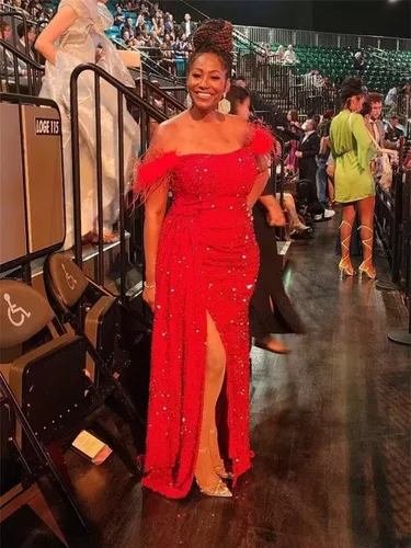 Miniatura 3 de Vestidos de fiesta de lentejuelas con hombros descubiertos, vestido formal de sirena brillante, vestido largo de fiesta de noche con abertura