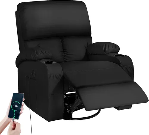 LAFWELL Rocking Recliner Chair, Massage Rocker with Vibration Massage and Heat, USB and Type-C Ports, 360 Swivel Faux Leather Chair for Living Room,
