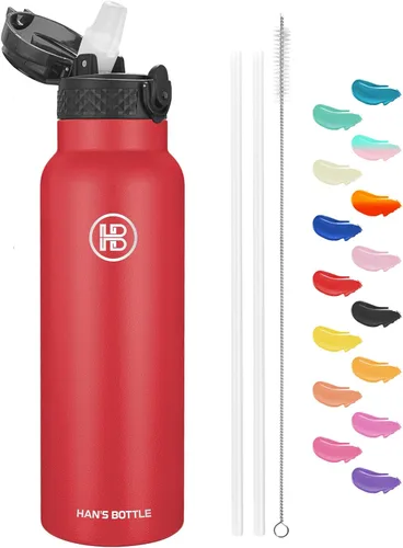 Miniatura 43 de Han's Bottle - Botella de agua para niños con tapa con pajilla - Vaso reutilizable de acero inoxidable aislado para niñas, niños, taza térmica, 17