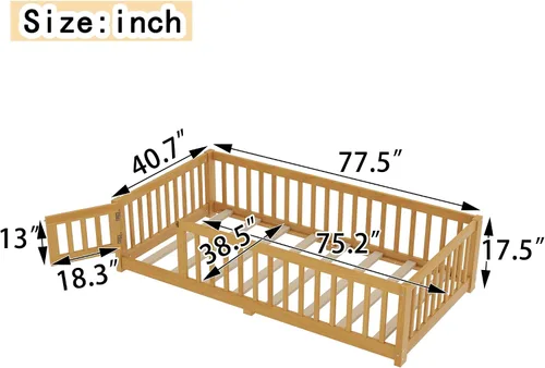 Miniatura 2 de SOFTSEA Montessori - Cama con puerta y barandillas, marco de cama baja de madera maciza con valla, no necesita somier, natural