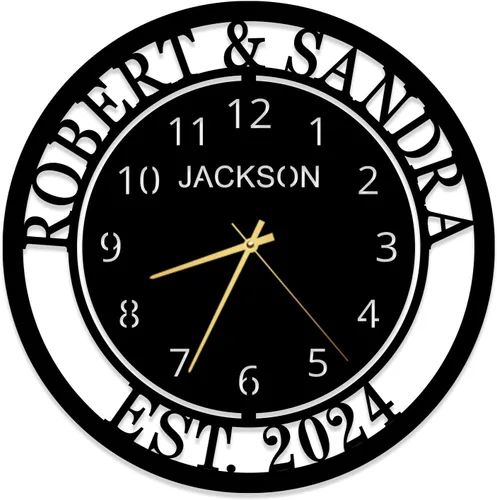 Reloj de pared grande con apellido personalizado | Decoración vintage de números romanos, reloj de metal silencioso, decoración de pared, regalo de