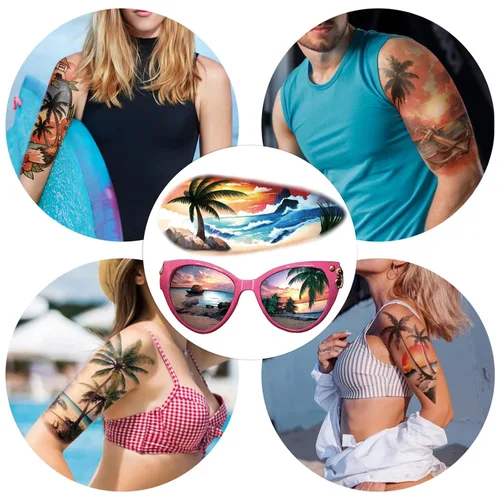 Miniatura 3 de 77 hojas de tatuajes temporales para mujeres y hombres, 17 hojas de tatuajes falsos de medio brazo de flores de playa, calaveras, atardeceres, 60