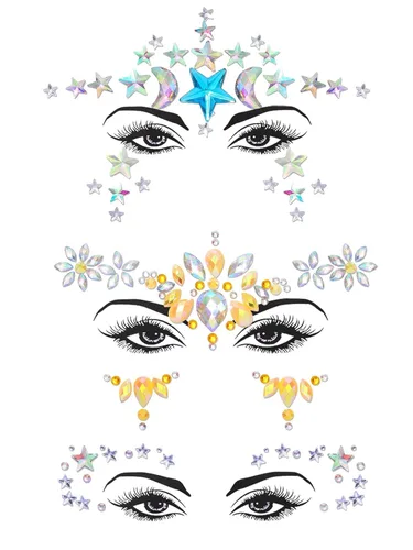 3 calcomanías de cara de estrella, joyas de cara de cristal con diamantes de imitación plateados, accesorios de fiesta para mujeres y niñas (B)