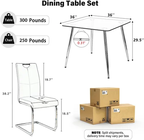 Miniatura 2 de Juego de mesa de comedor cuadrada de vidrio de 36 pulgadas con 4 sillas tapizadas de piel sintética con respaldo alto, diseño moderno de patas