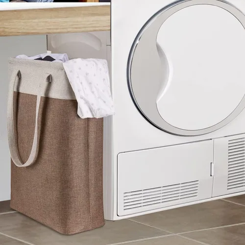 Miniatura 2 de Cesta de ropa sucia con asas beige y marrón, cesta de lavandería delgada plegable, cesta de ropa sucia estrecha, bolsa de lavandería plegable, cesto