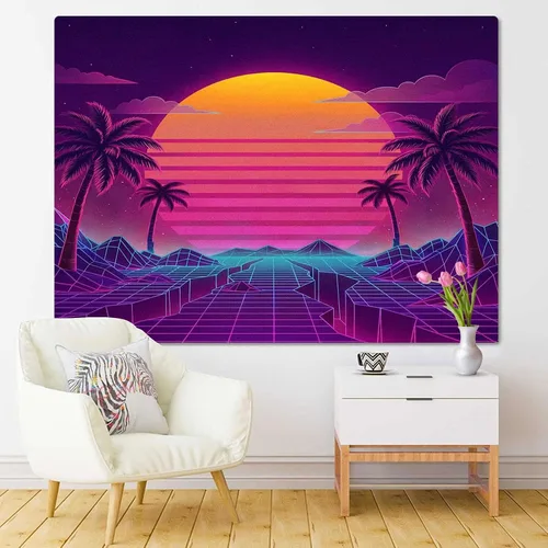 Miniatura 2 de TOMPOP Tapiz retro futurista de neón paisaje de los años 80 digital Cyber 80S Party Sci Decoración del hogar para colgar en la pared para sala