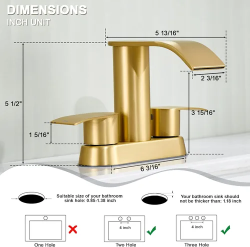 Miniatura 3 de Ultimate Unicorn Grifo de Baño para Lavabo Dorado Cepillado, Grifo de Lavabo de Baño de 4 Pulgadas para 3 o 2 Agujeros, Grifos de Cascada de 2 Oro