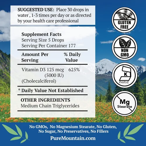 Miniatura 3 de Pure Mountain Botanicals Gotas líquidas de vitamina D3 de 5000 UI (125 mcg) - Gotas Kosher D3 en aceite MCT, sin OMG, sin gluten, sin sabor, 177