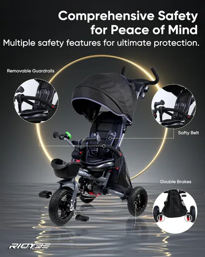 Miniatura 6 de RIDYEE 7 en 1 Triciclo plegable para niños pequeños de 18 meses a 5 años, cochecito triciclo con frenos duales, neumático de goma todo terreno, gris