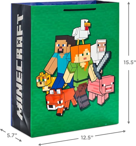 Miniatura 4 de Hallmark Paquete de bolsa de regalo Minecraft (2 bolsas: bolsa azul grande de 13 pulgadas, 15 pulgadas extra grande verde) para cumpleaños, Navidad