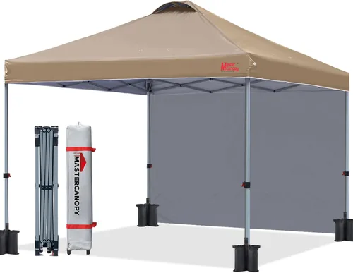 MASTERCANOPY - Toldo desplegable duradero con 1 pared lateral (6.6 x 6.6 pies, caqui)