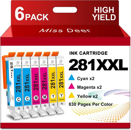 Miss Deer CLI-281XXL Paquete de 6 colores de tinta compatible con cartuchos de tinta Canon 281, funciona para Canon Pixma TS6120 TS8120 TR7520