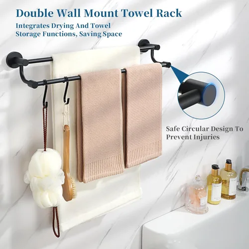 Miniatura 6 de Alise Toallero doble, toallero de 24 pulgadas para baño, soporte de toalla de montaje en pared, toallero de secado rápido, toallero de acero Negro