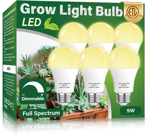 Miniatura 6 de Paquete de 3 Bombillas de Luz de Crecimiento de Espectro Completo, Luz A19 para Plantas de Interior, Bombilla de Crecimiento de 9W Regulable E26