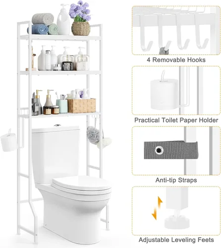 Miniatura 8 de Estante de almacenamiento sobre el inodoro de 3 niveles sobre el inodoro, organizador de baño de madera detrás del inodoro, estante de pie con 4