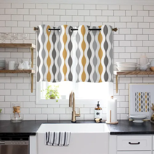 Libaoge Paneles de cortinas para cocina, diseño geométrico moderno de mediados de siglo, color amarillo y gris, cortinas de ventana filtrantes de