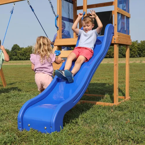 Miniatura 5 de Conjunto de columpios Backyard Discovery Bay Pointe de madera de cedro con tobogán de ola, plataforma de juego, escalera de roca, columpios con Azul