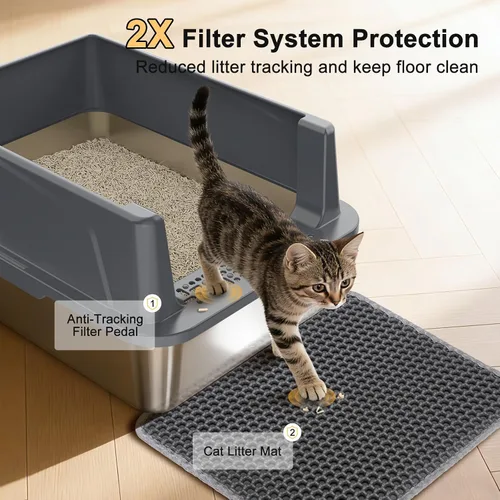 Miniatura 3 de FURTIME Caja de arena para gatos de acero inoxidable, caja de arena de metal de alta cara fácil de limpiar, bandeja de arena abierta para gatos