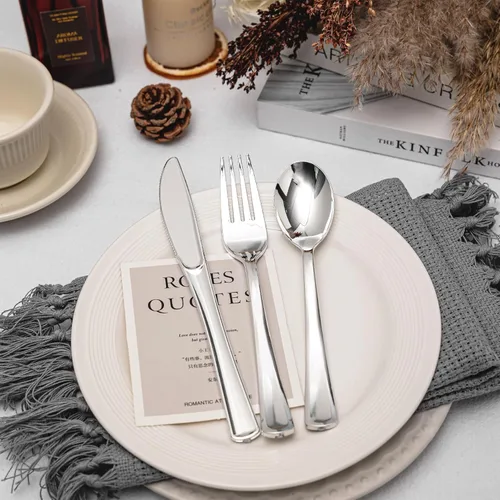 Miniatura 5 de N9R 120 Piezas Cubiertos de Plástico Plateado, Juego de Cubiertos de Plástico Plateado Cubiertos Desechables Vajilla - 60 Tenedores, 30 Cucharas, 30