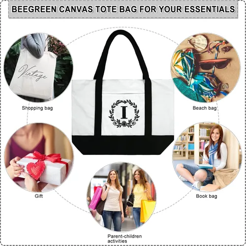 Miniatura 6 de BeeGreen - Bolsa de lona con iniciales de 12 onzas con bolsillo interior con cremallera, bolsillo frontal para la playa, escuela con bordado
