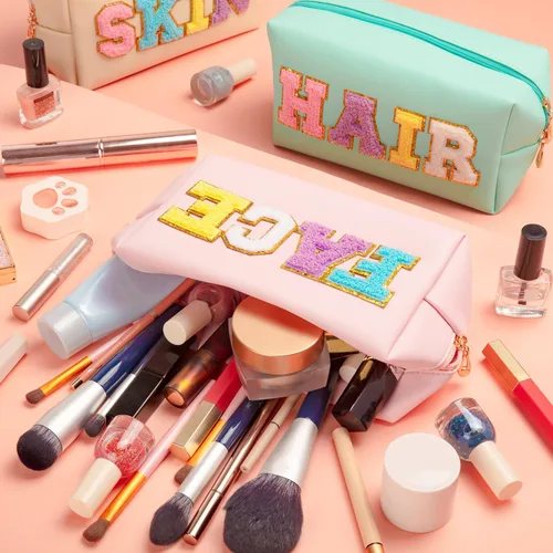 Miniatura 5 de Bolsa de maquillaje de chenilla, 3 piezas, de piel sintética, impermeable, con parches de cremallera de nailon, organizador de maquillaje, para mujer