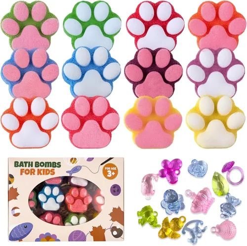 Bomba de baño de patas para niños con juguetes sorpresa en el interior, 12 piezas coloridas hechas a mano de bola de baño natural con juguetes de