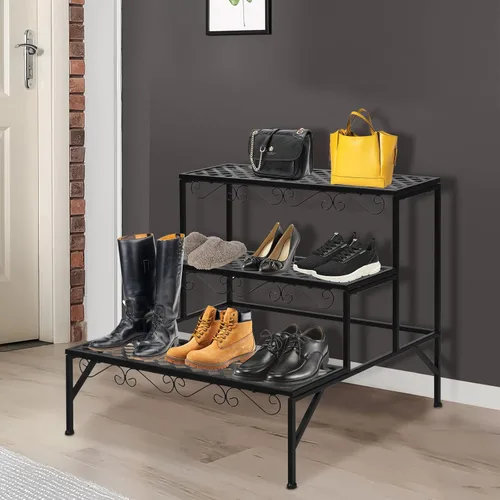 Miniatura 7 de Giantex Soporte de metal negro para plantas de 3 niveles, soportes de metal para plantas con 6-9 soportes de capacidad en maceta, estante