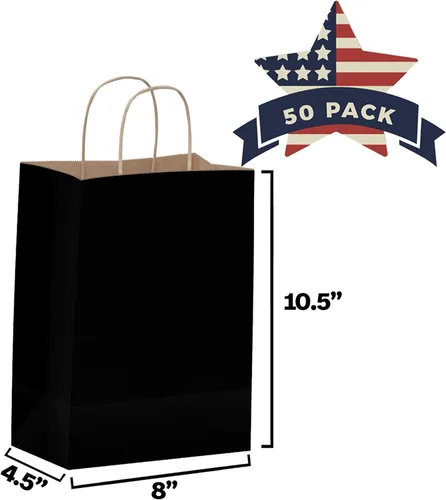Miniatura 2 de Qutuus Bolsas de regalo de papel negro con asas, 50 unidades de 8 x 4.5 x 10 pulgadas, bolsa de papel kraft negro con asas a granel para compras