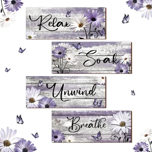 Miniatura 11 de Sunnyray 4 carteles de decoración de pared de baño de granja, margaritas y mariposas, arte de pared para baño, relajarse y relajarse, respirar, Azul