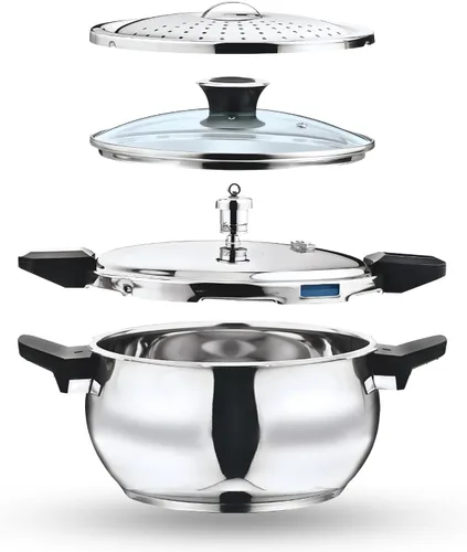 Vinod Magic - Olla a presión inteligente 3 en 1 de acero inoxidable de 5.5 litros | Base de 0.197 in de grosor | Cocina todo en uno con colador y