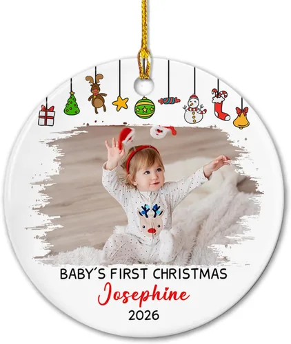 Agregar foto Adorno de cerámica de la primera Navidad del bebé 2025, imagen personalizada del primer árbol de adorno de Navidad del bebé, adorno de