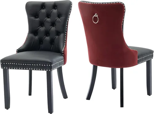 Miniatura 96 de Juego de 2 sillas de comedor de terciopelo, silla de comedor tapizada de alta gama con tirador de anillo en la espalda, adorno de clavos y patas