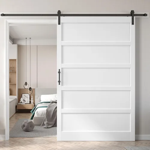 Miniatura 35 de Fredbeck Puerta de granero blanca de 30 x 84 pulgadas con kit de herrajes para puerta corredera de 5.5 pies incluido y asa, sólida, MDF, superficie