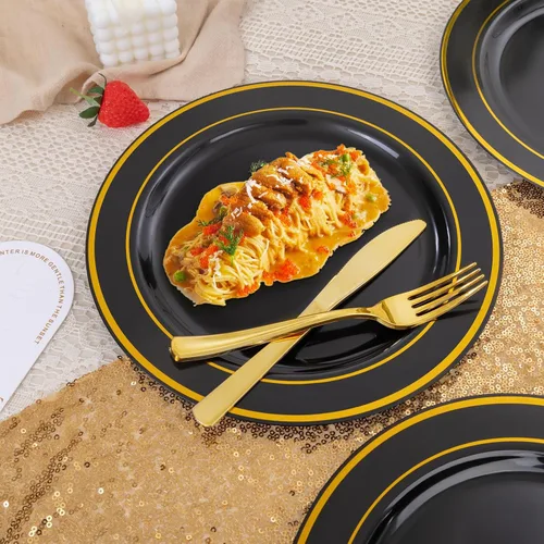 Miniatura 7 de bUCLA - 100 platos de plástico negros y dorados de 10.25 pulgadas, platos desechables con borde dorado, ideales para fiestas, graduaciones y Año
