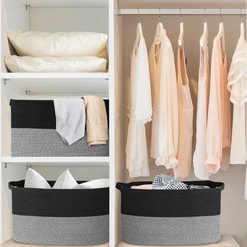 Miniatura 8 de MEGASKET Cestas de almacenamiento extra grandes, cestas negras de 22 x 17 x 12 pulgadas para organizar, cesta tejida rectangular para mantas