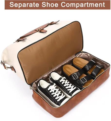 Miniatura 5 de CLUCI Bolsa de fin de semana para mujer, de cuero, grande, con compartimento para zapatos, Beige con marrón.