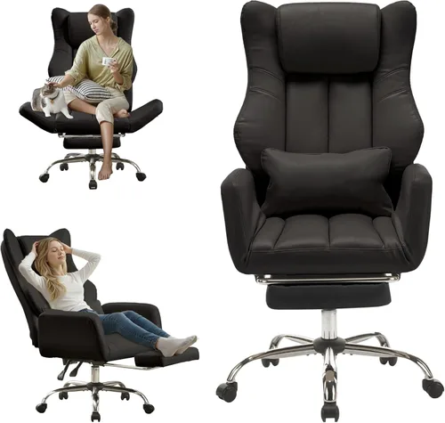 Silla ergonómica de oficina con piernas cruzadas con reposapiés, silla ejecutiva de cuero grande y alta con apoyabrazos reversible, almohada lumbar