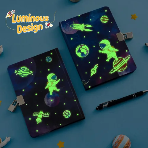 Miniatura 2 de WERNNSAI Diario Luminoso Espacial para Niños, Diario Secreto con Llaves de Cerradura, Cuaderno de Diario con Bolígrafo y Calcomanías, Regalo