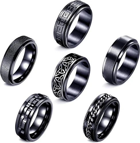 LOWNOUR Anillos antiestrés para la ansiedad, 6 unidades, anillos de acero inoxidable para hombres, anillos giratorios negros para la ansiedad, juego