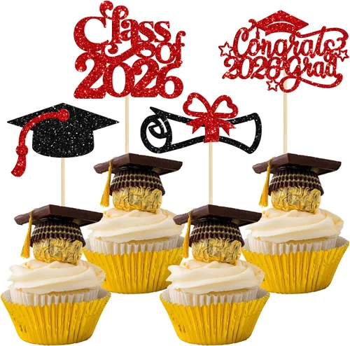 Miniatura 13 de Gyufise 24 piezas de decoración para cupcakes con purpurina para graduación 2026, decoración de pasteles para graduación 2026, decoración de Negro