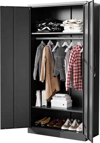 BYNSOE Armario de metal con 2 puertas, armario de 72 pulgadas con riel para colgar, armario de metal con estantes ajustables para dormitorio. Negro