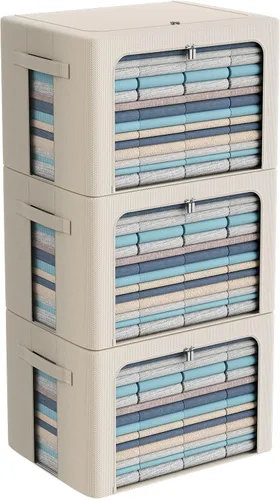 Miniatura 25 de Paquete de 3 cajas de almacenamiento con marco, bolsas de almacenamiento de ropa, tela Oxford, plegable, apilable, juego organizador con ventana
